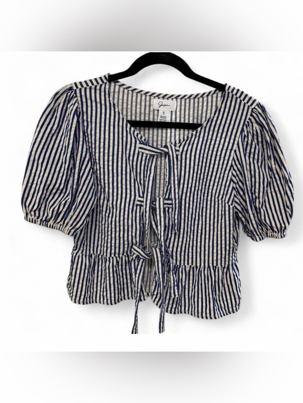 Japna Blue White Striped Tie Front Puff Sleeve Peplum Top Size S